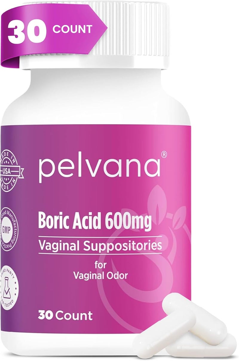 pelvana تحاميل حمض البوريك للنساء 30 قطعة - لرائحة المهبل والانتعاش، النظافة النسائية والرفاهية - مختبر طرف ثالث معتمد ومعبأ في الولايات المتحدة الأمريكية - حل لرائحة الصحة النسائية - Image 1